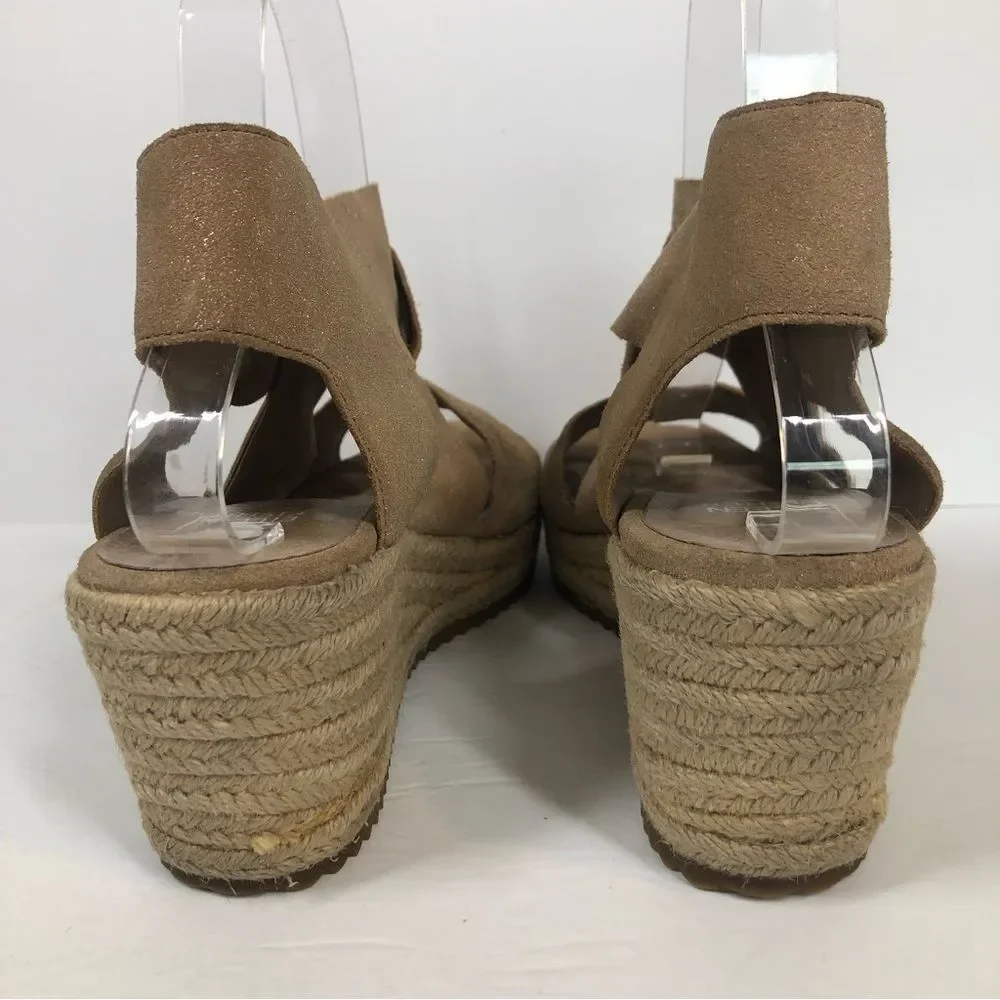 Eileen Fisher Willow Tumbled Leather Wedge Espadrille Sandals Shoes Tan 7.5